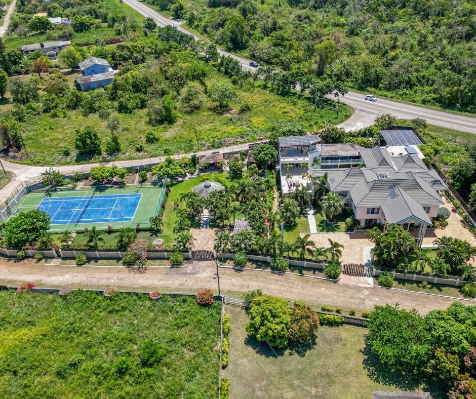 Overhead view of Mais Oui Villa in Discovery Bay Jamaica with multipurpose court