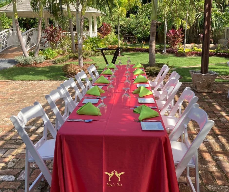 set up for wedding brunch at a Discovery Bay Jamaica villa for a micro wedding in Jamaica