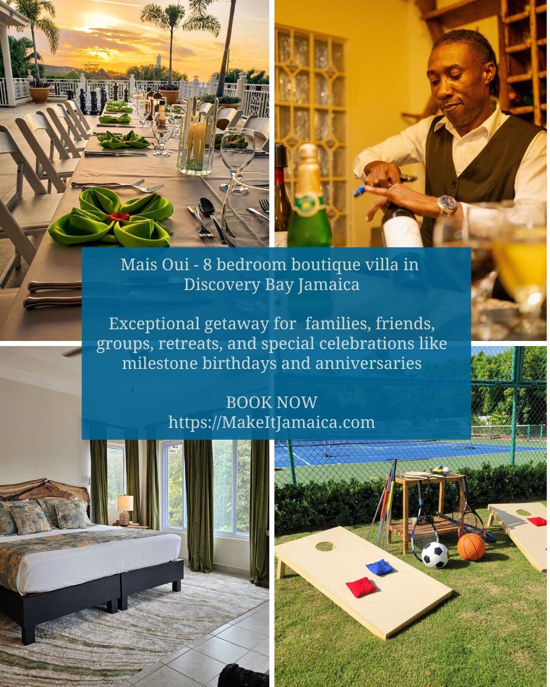 pitcure of butler at Mais Oui Villa in Jamaica, bedroom, dinner set up and tennis court at Mais Oui Villa