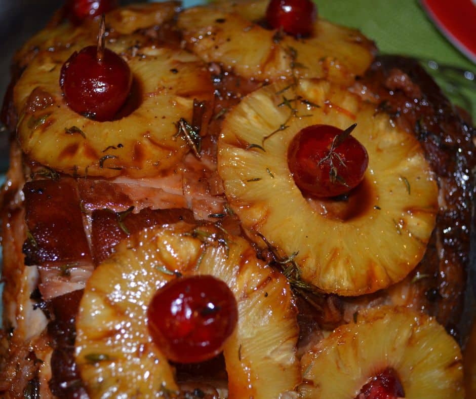 baked ham with pineapples and cherries at Christmas in Jamaica