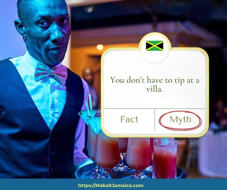butler with drinks at Mais Oui Villa in Jamaica with text overlay of Jamaica villa vacation myth