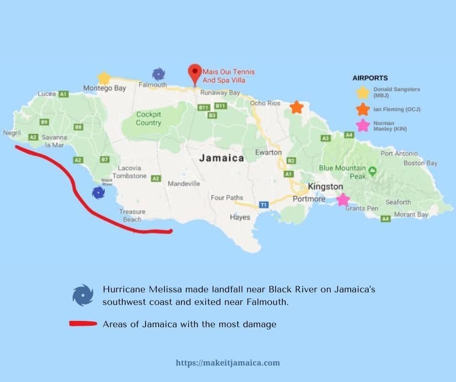 Map of Jamaica showing Hurricane Melissa entrance and exit relative to the airports and Mais Oui Villa in Jamaica
