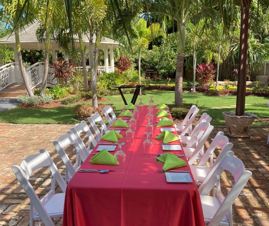 Set up for lunch in the garden at Mais Oui Villa in Jamaica for family groups -one of the top villas in Jamaica for groups