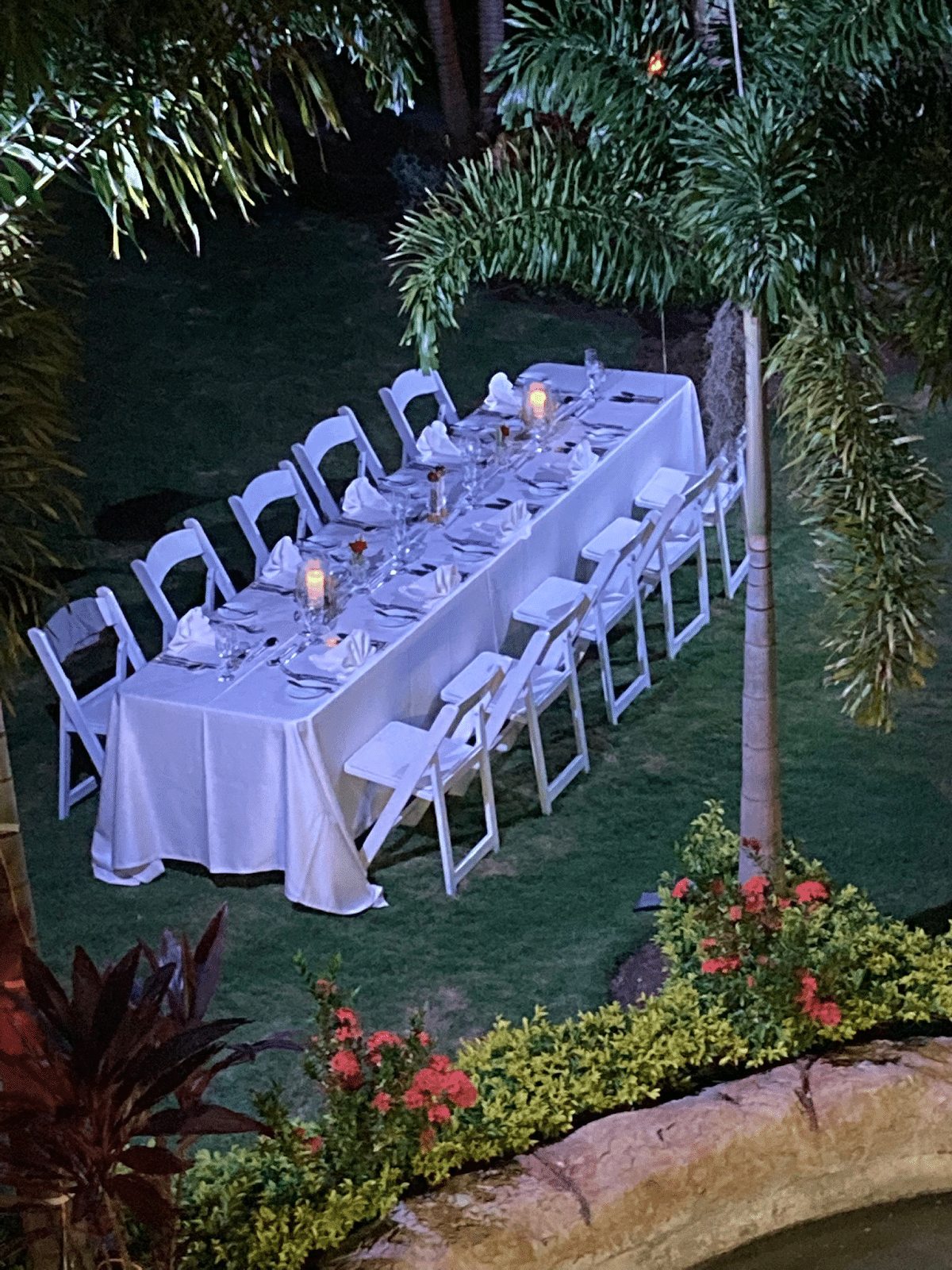 all white wedding set up for wedding anniversary in Jamaica at Mais Oui Villa in Discovery Bay Jamaica
