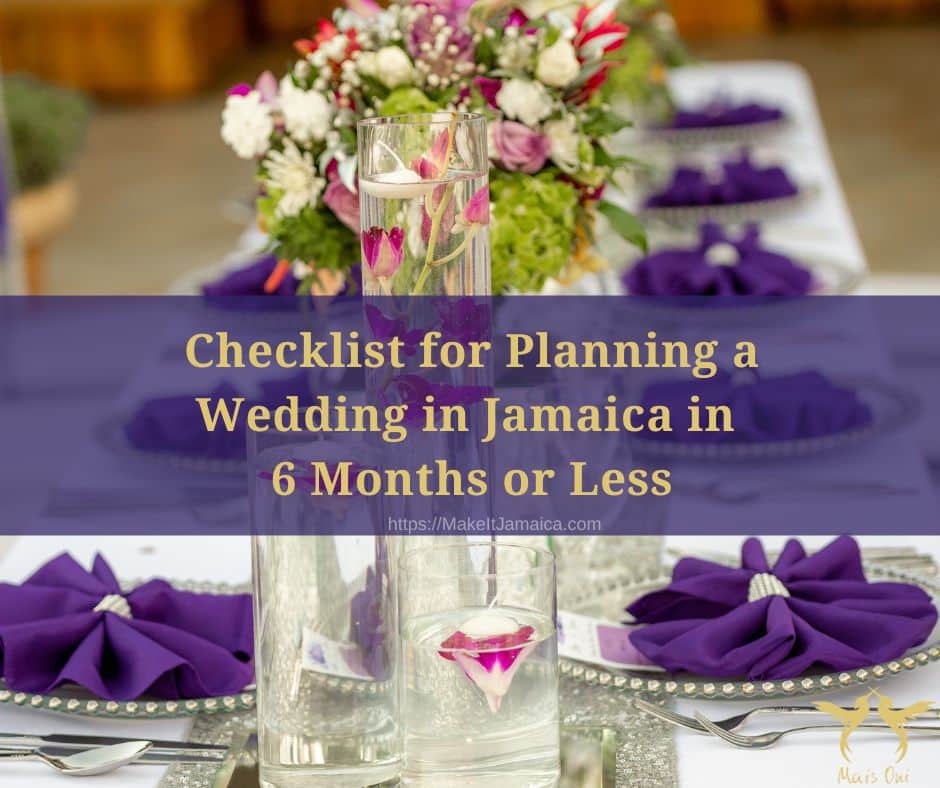 Wedding reception table set up wit candles and tropical flowers for a small wedding in Jamaica with offer for free checklist for planning a wedding in Jamaica in six months or less at Mais Oui Villa