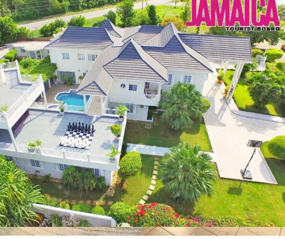 Old drone view of landscaping at Mais Oui Villa in Jamaica