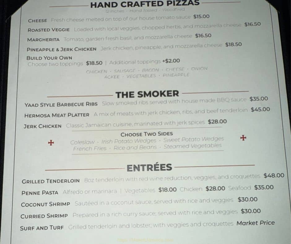 Menu from Christopher’s Restaurant at Hermosa Cove in Ocho Rios about an hour’s drive from Mais Oui Villa in Discovery Bay Jamaica