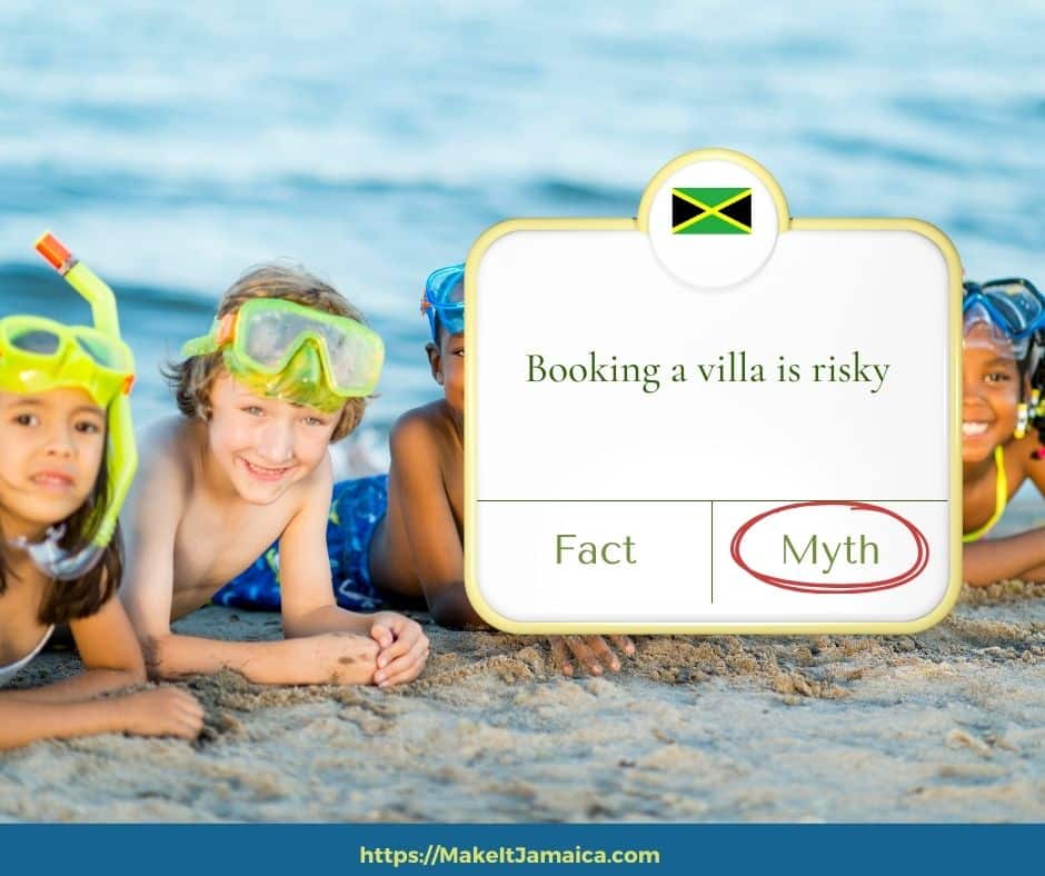 kids lying on beach with text overlay of Jamaica villa vacation myth