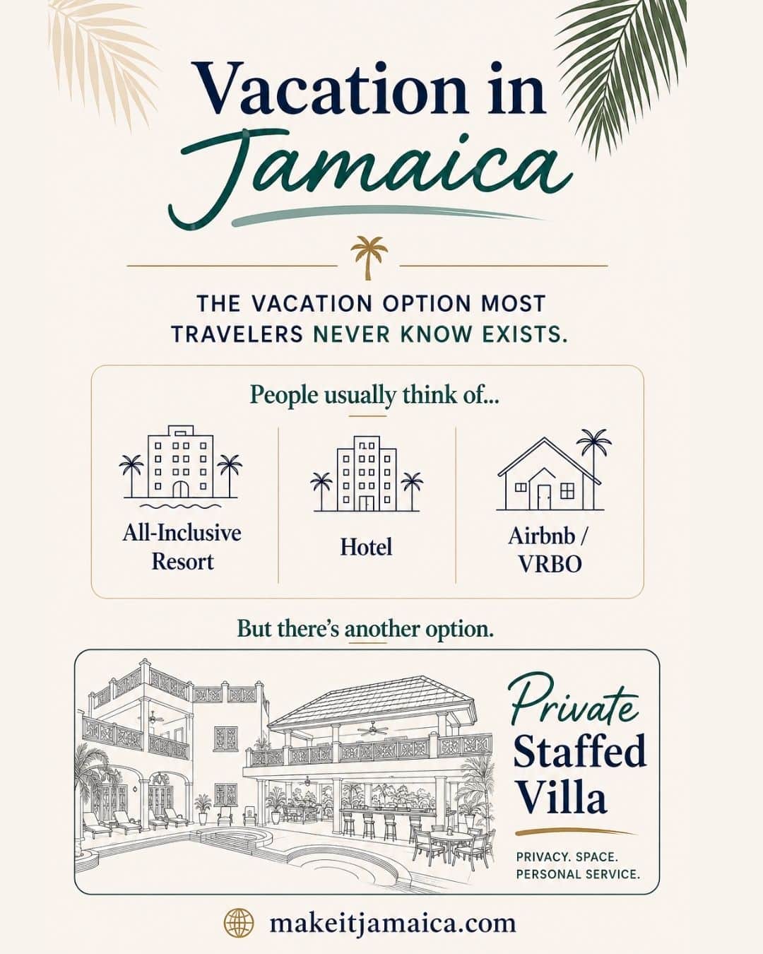 infographic showing vacation options in Jamaica - all inclusive, hotel, Airbnb VRBO and private staffed villa in Jamaica