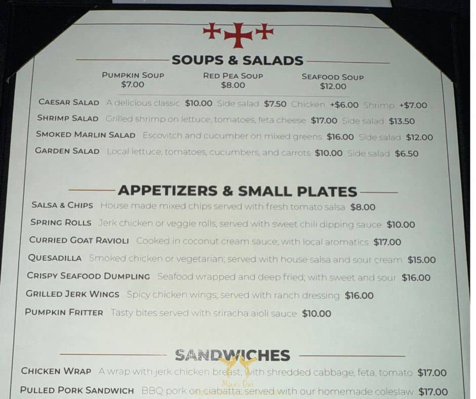 Menu from Christophers Restaurant at Hermosa Cove in Ocho Rios about an hour’s drive from Mais Oui Villa in Discovery Bay Jamaica