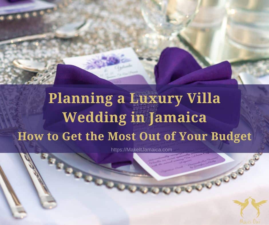 Elegant purple place setting at a wedding reception at a luxury villa wedding in Jamaica at Mais Oui Villa