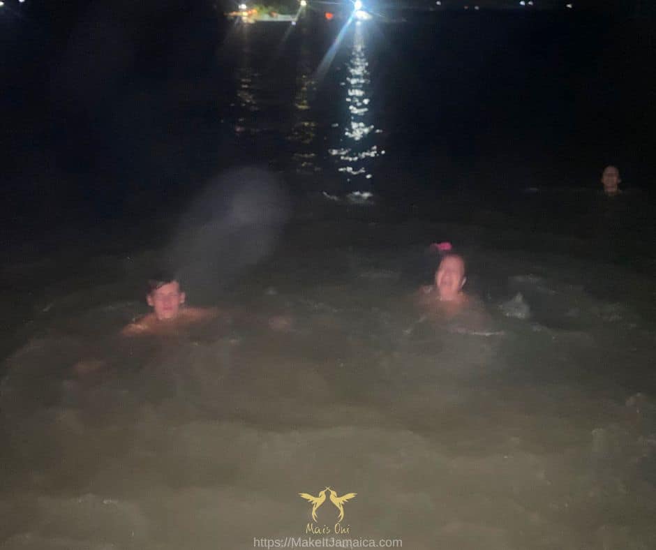 Discoloration of the water after many peopke got in the water on Falmouth Mystic Lagoon Tours on the Luminous Lagoon Jamaica