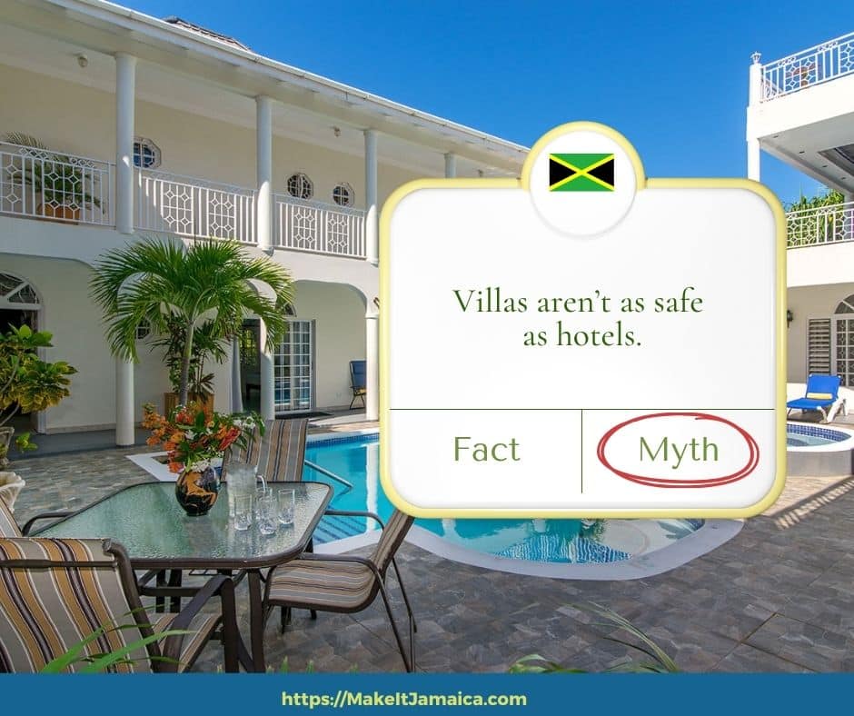 pool terrace at Mais oui Villa in discovery Bay Jamaica with text overlay of Jamaica villa vacation myth