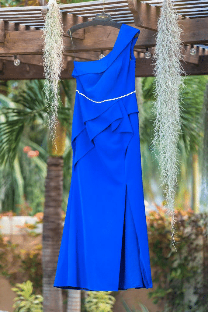 royal blue gown for wedding anniversary in Jamaica at Mais Oui Villa in Discovery Bay