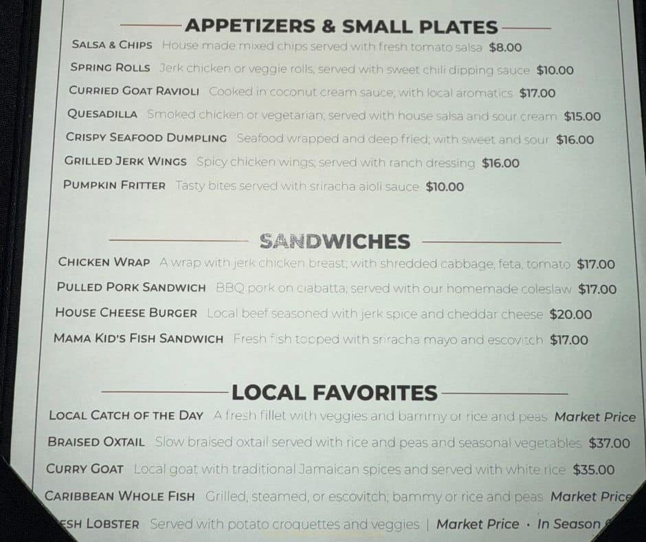 Menu from Christopher’s Restaurant at Hermosa Cove in Ocho Rios about an hour’s drive from Mais Oui Villa in Discovery Bay Jamaica