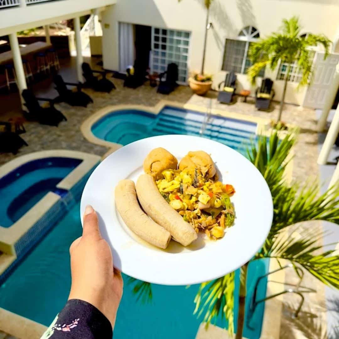 breakfast at Mais Oui Villa in Jamaica - ackee and saltfish