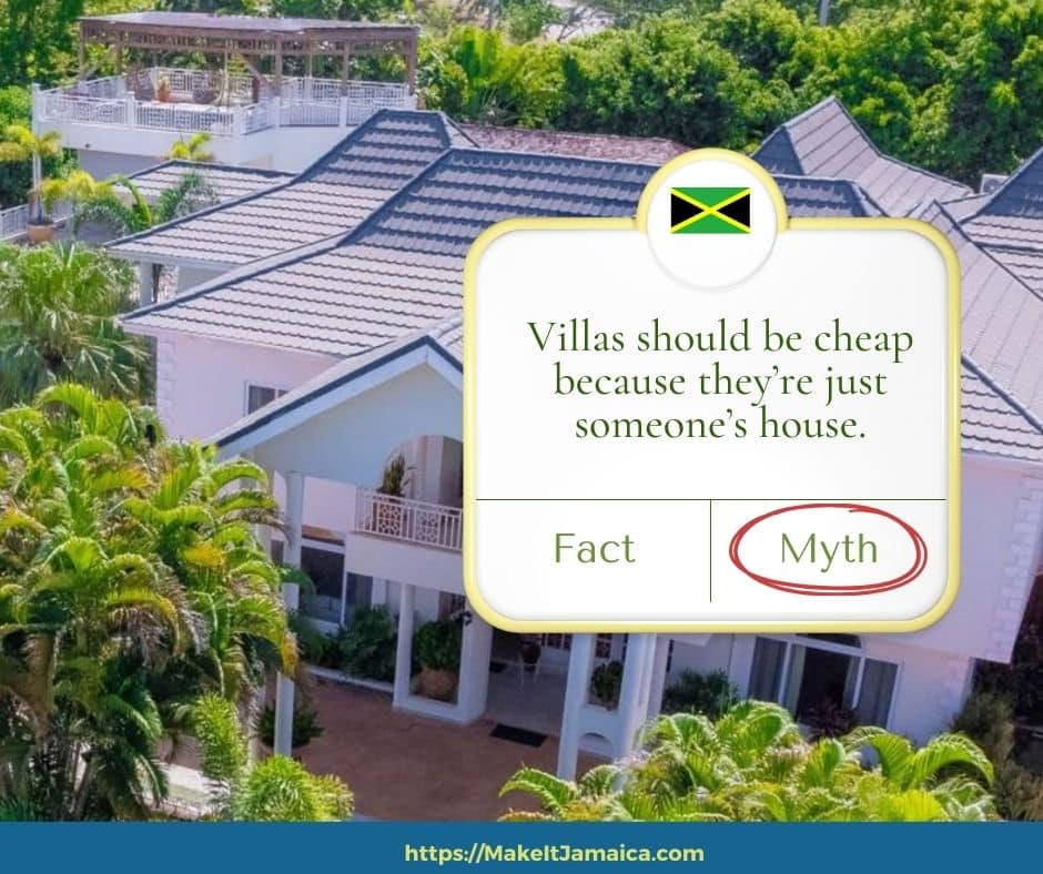 front view of Mais Oui villa with overlay of Jamaica villa vacation myth