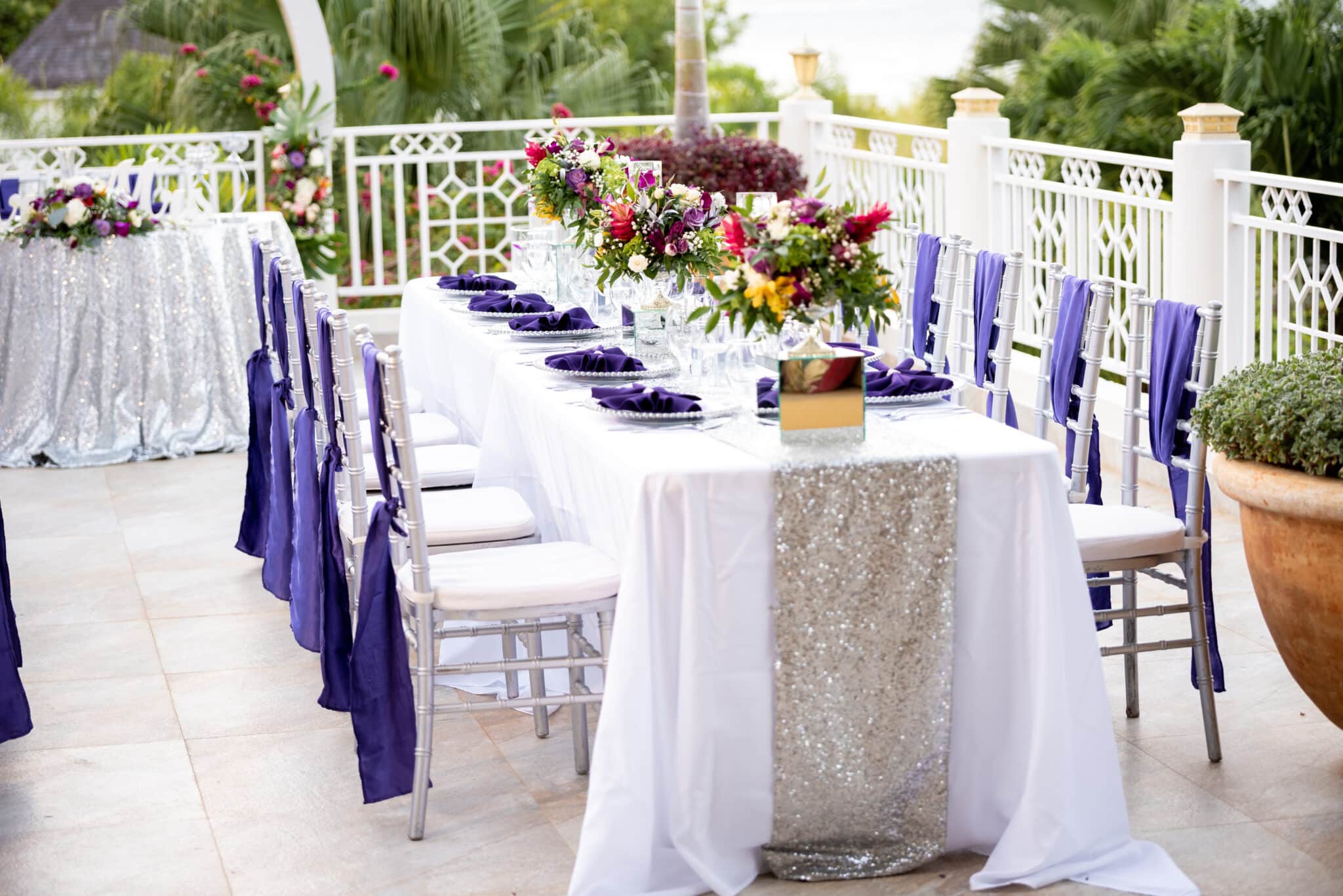 wedding reception set up on the roof deck at a Jamaica villa wedding at Mais Oui Villa in Discovery Bay Jamaica