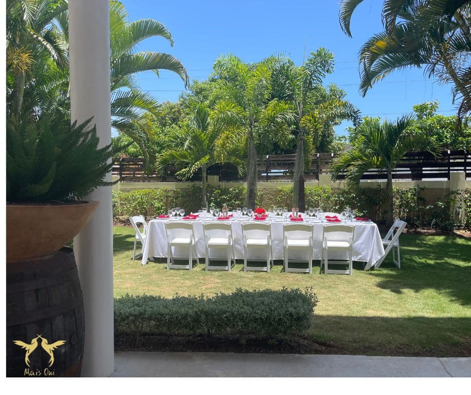 set on on front lawn for lunch at Mais Oui Villa in Discovery Bay Jamaica