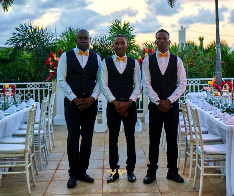 3 butlers at a villa vs resort wedding in Jamaica