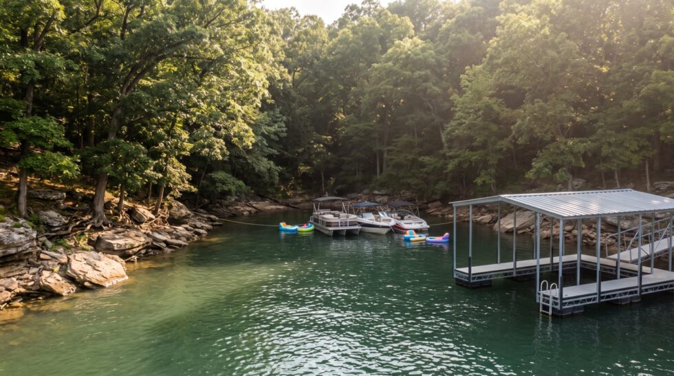 Shaded cove at Lake of the Ozarks with boats anchored in green water and a steel dock along the rocky shore