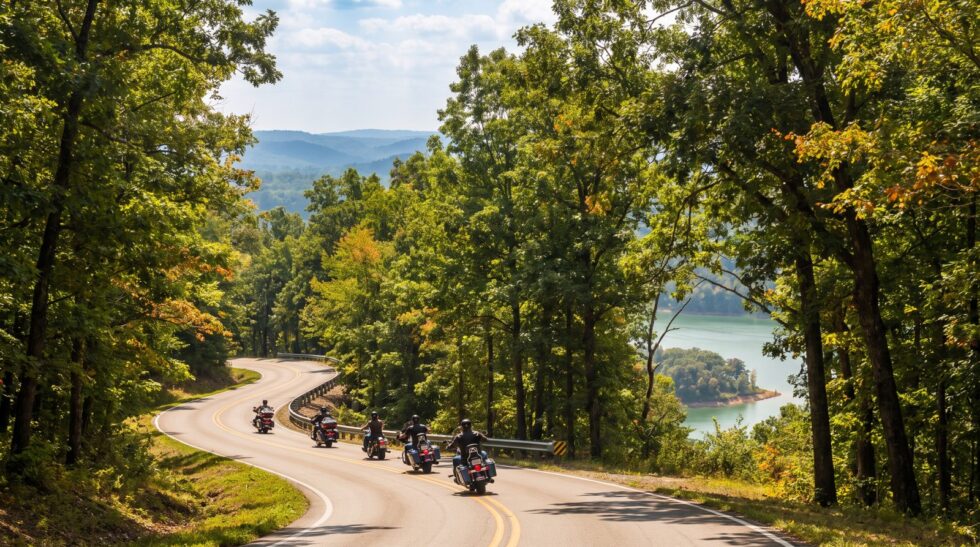 Motorcycles riding a winding wooded Ozark hill road overlooking Lake of the Ozarks during Bikefest