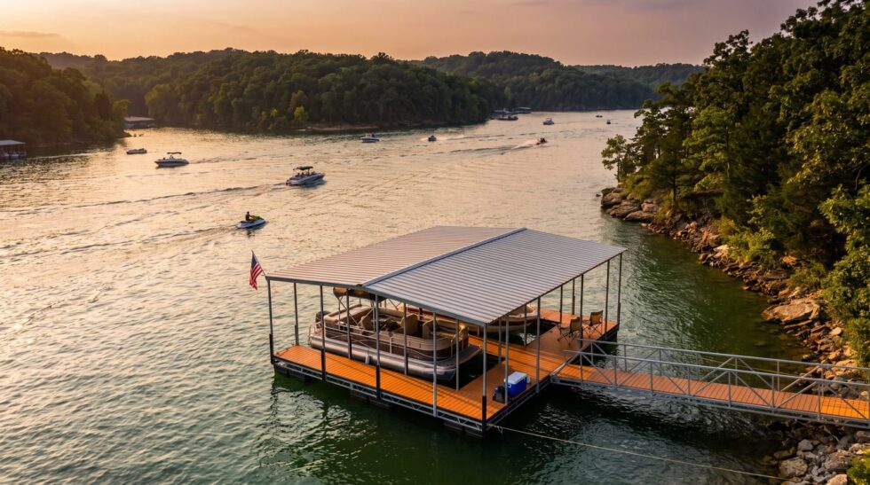Covered steel boat dock with a pontoon at golden hour on Lake of the Ozarks over Labor Day weekend