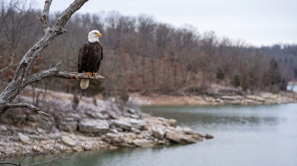Bald eagle perched on a bare branch above the rocky winter shoreline of Lake of the Ozarks