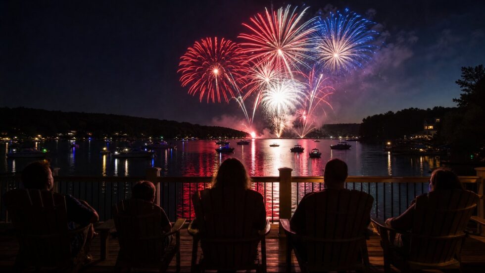 Fourth of July fireworks bursting over Lake of the Ozarks as viewers watch from a lakeside deck