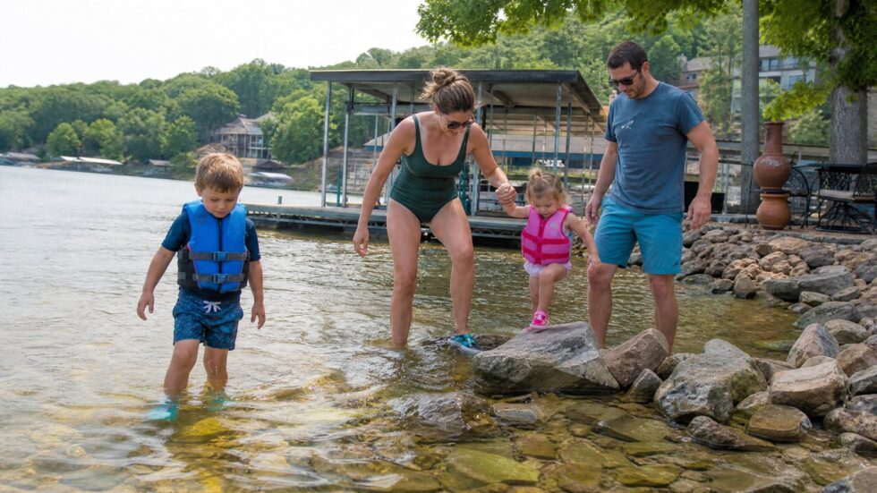 Parents and young children in life jackets wading along the rocky shoreline at Lake of the Ozarks
