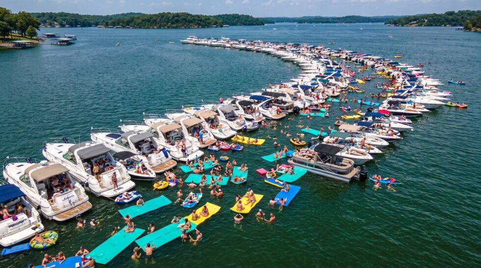 Dozens of boats tied together in a long curving line in open water at Aquapalooza on Lake of the Ozarks, with people on colorful floating mats and tubes