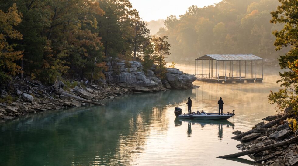 Anglers fishing from a bass boat at sunrise near rocky bluffs on Lake of the Ozarks in autumn
