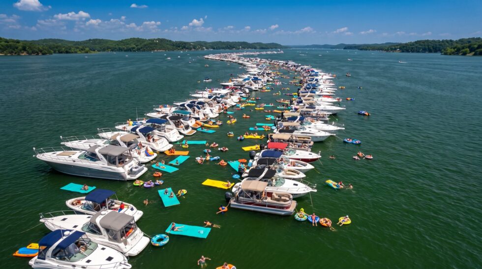 Aerial view of hundreds of boats tied together in a long line in open water at Aquapalooza on Lake of the Ozarks