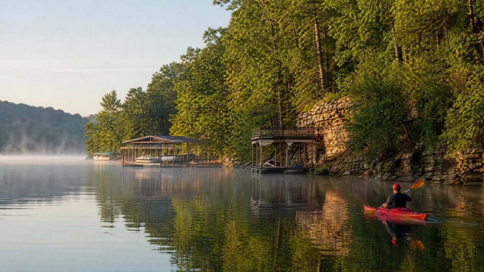 Kayaker paddling a calm, misty cove at Lake of the Ozarks with covered boat docks and wooded bluffs