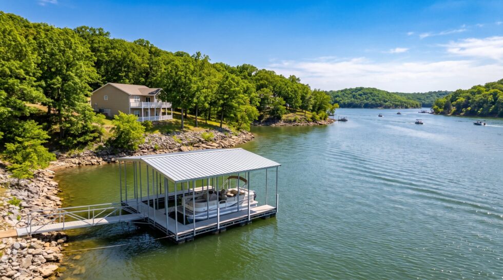 Galvanized steel covered boat dock with a pontoon on a green cove at Lake of the Ozarks in June