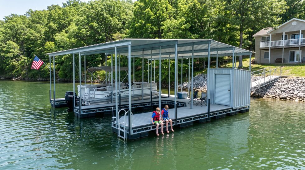 Kids in life jackets sitting on a galvanized steel floating boat dock with a pontoon boat at Lake of the Ozarks on Memorial Day weekend