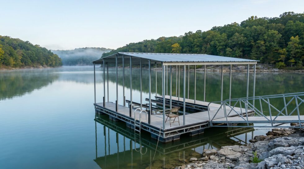 Empty galvanized steel dock on a still, misty cove at Lake of the Ozarks on a quiet September morning