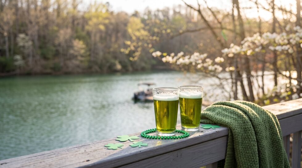 Two glasses of green beer with shamrocks and beads on a weathered dock railing overlooking Lake of the Ozarks in spring