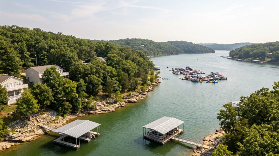 Aerial view of covered steel docks and a cluster of boats tied out on Lake of the Ozarks in August