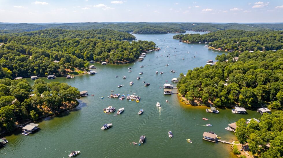 Aerial view of Lake of the Ozarks in August with wooded coves, covered boat docks, and pontoon boats on the water