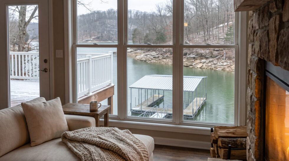 Cozy lake house interior with a fireplace looking out over a winter dock and cove at Lake of the Ozarks