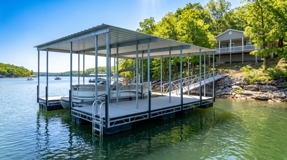 Covered steel boat dock with a pontoon on bright green summer water at Lake of the Ozarks