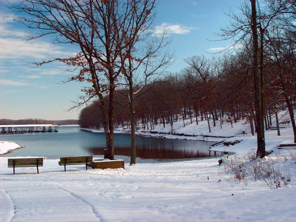 Snow-covered shoreline and bare winter trees along a calm cove at Lake of the Ozarks State Park, with park benches and a boat dock