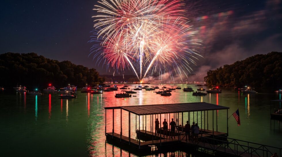 Fourth of July fireworks bursting over Lake of the Ozarks with boats watching from the water below