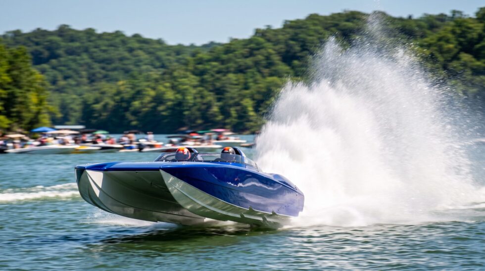 High-speed offshore powerboat throwing a rooster tail of spray during a race at Lake of the Ozarks