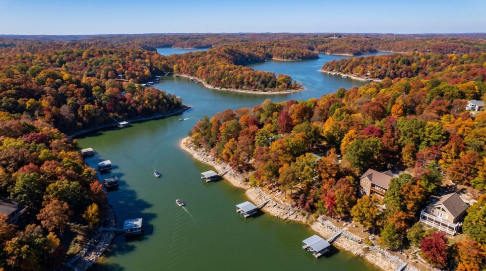Aerial view of Lake of the Ozarks coves surrounded by peak red, orange, and gold fall foliage