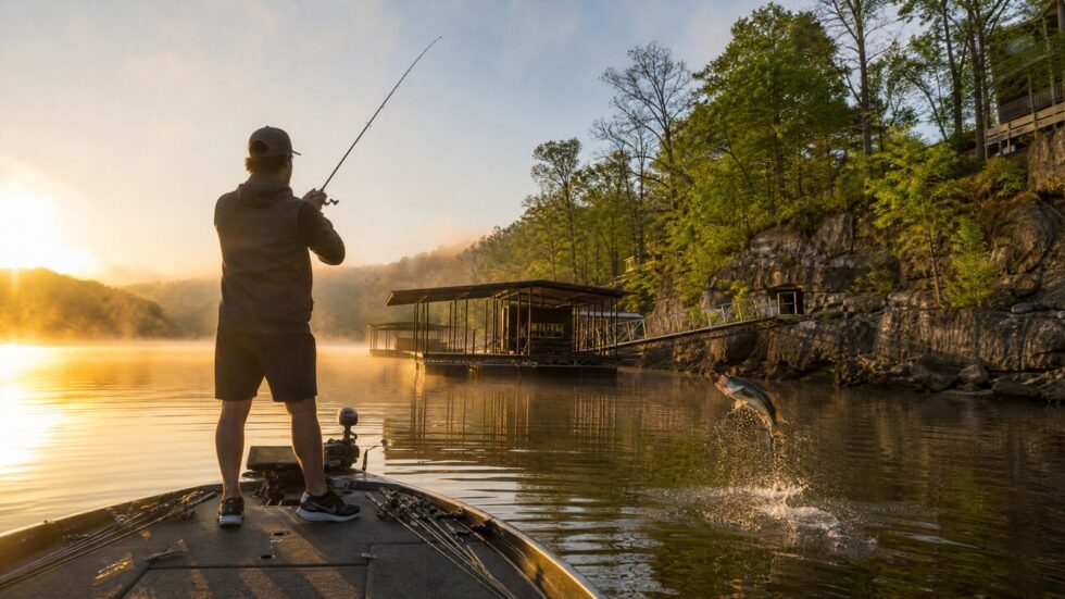 Angler casting from a bass boat at sunrise on Lake of the Ozarks during the Big Bass Bash