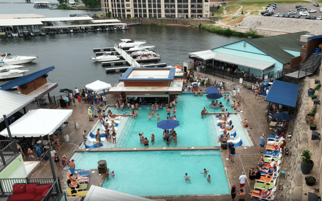 Overhead view of pool and docks at Dog Days in Osage Beach