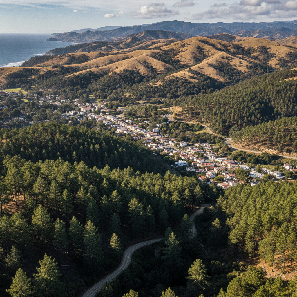 Monterey pine forest above the village of Cambria, California, with the Santa Lucia foothills behind