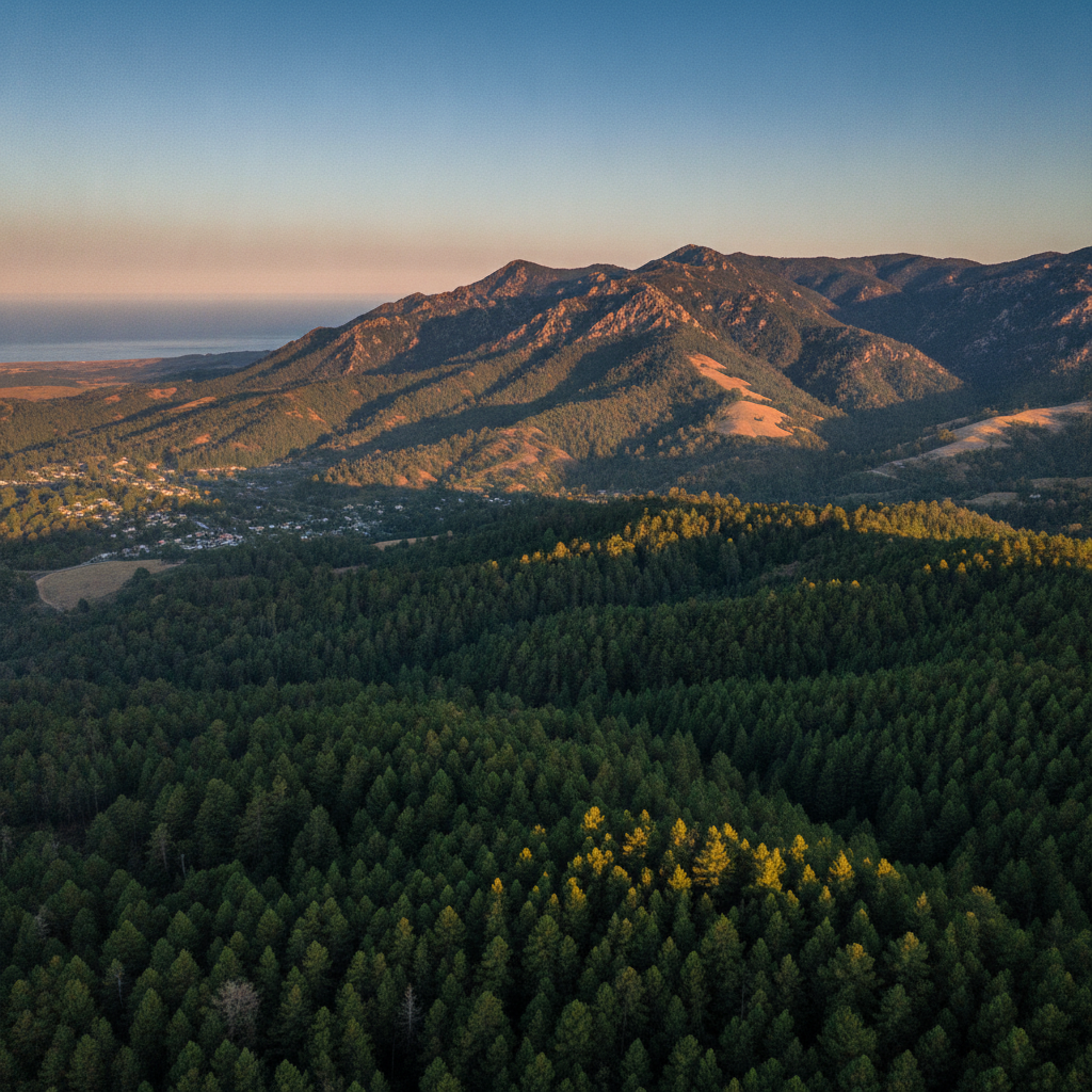 Pine forest and the Santa Lucia Mountains above Cambria, California, seen on a clear morning